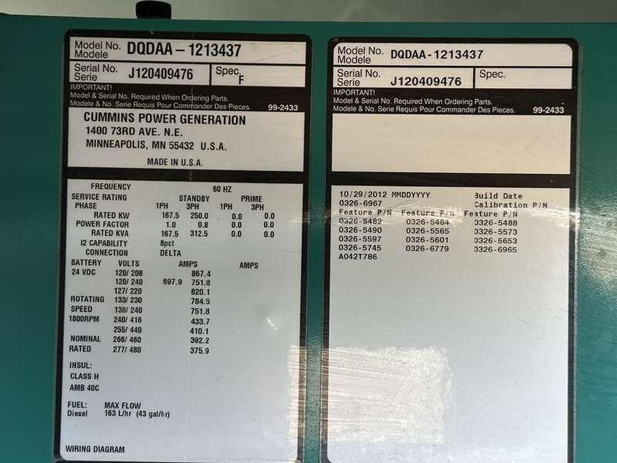 Used Used Cummins DQDAA QSL9-G7 Diesel Generator, 193 Hrs, EPA Tier 3  250 kW