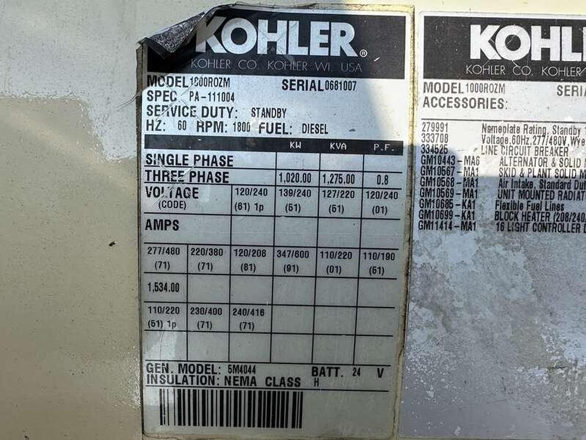 Used Used Kohler 1000ROZM Mitsubishi S12H-PTA Diesel Generator, 503 Hrs 1000 kW