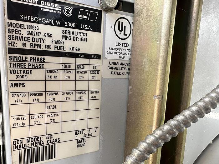 Used Used Detroit Diesel Spectrum 100GSG Natural Gas / Propane Generator, 171 Hrs, 100 KW