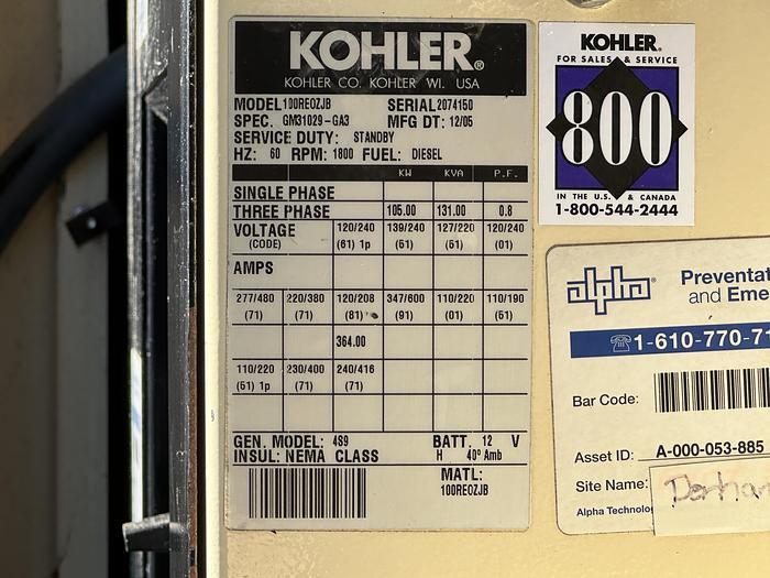 Used Used Kohler 100REOZJ Diesel Generator, 354 Hrs, 105 KW