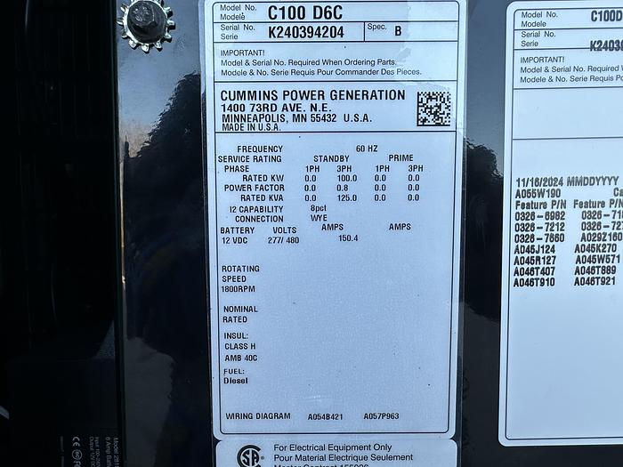 New Cummins C100D6C QSB5-G13 NR3 Diesel Generator, EPA Tier 3, 100 KW