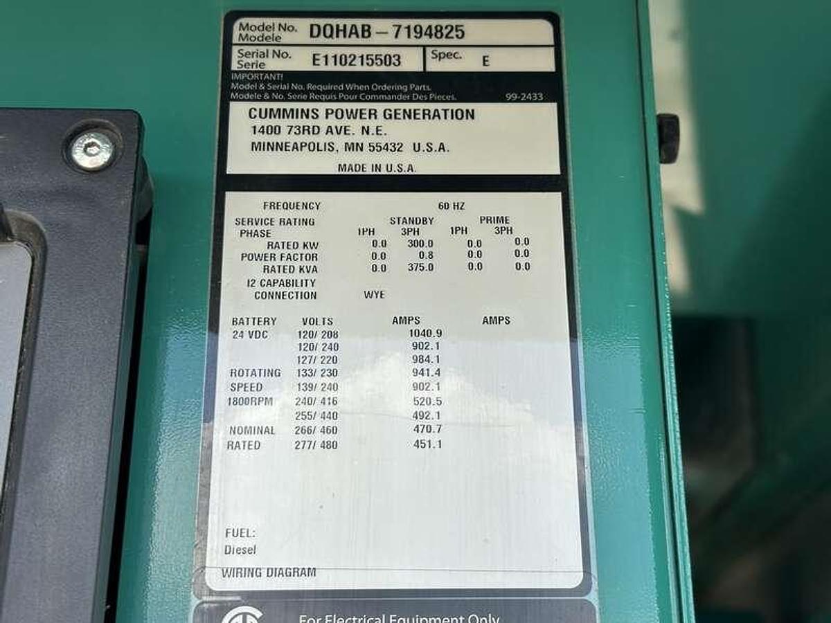 Used Used Cummins DQHAB QSM11-G4 Diesel Generator, 240 Hrs EPA Tier 3 300 kW