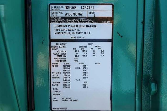 Used 2015 USED Cummins, STANDBY, DSGAB-1424721, 3-PHASE, 125Kw, 276HRS