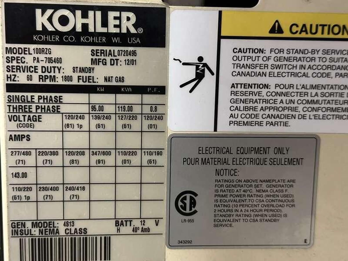 Used Used Kohler 100RZG Natural Gas / Propane Generator, 778 Hrs
