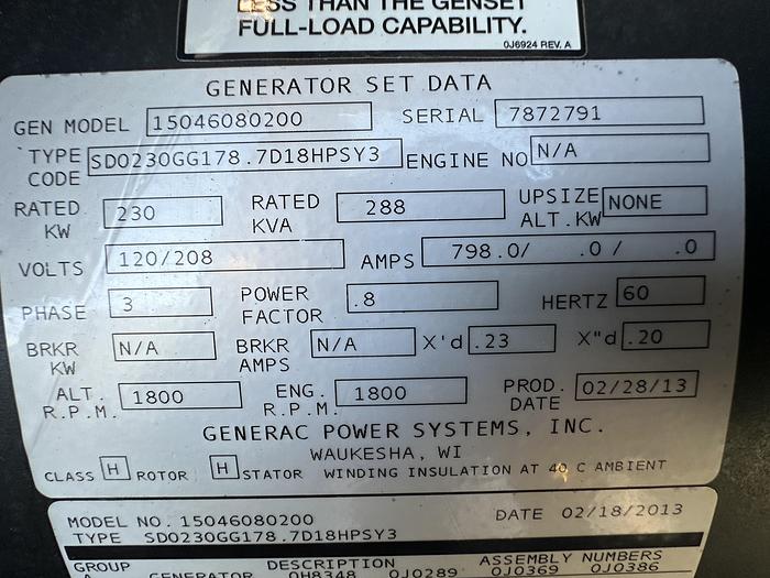 Used Used Generac Iveco/FPT 8.7L Diesel Generator, 531 Hrs, EPA Tier 3, 230 KW