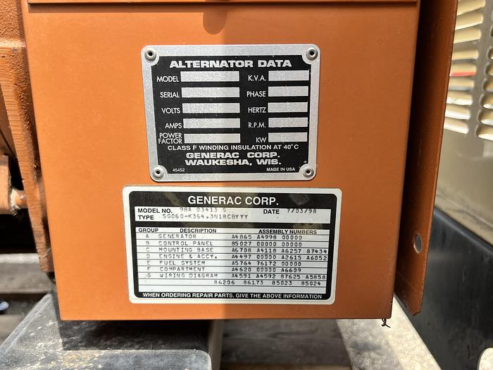 Used Used Generac SG0060 Natural Gas / Propane Generator, 341 Hrs, 60 KW