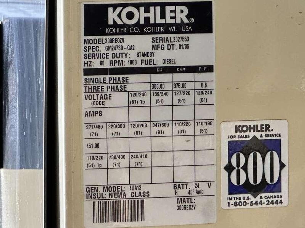 Used Used Kohler 300REOZV Diesel Generator, 308 Hrs 300 kW