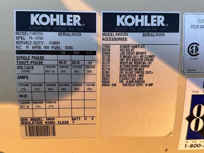 Used Used Kohler 450REOZD4 MTU 8V2000 Diesel Generator, 516 Hrs, 450 KW