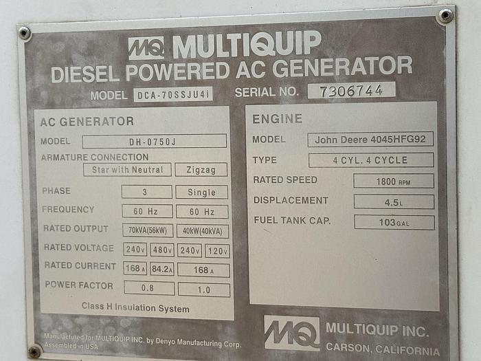 Used Used Multiquip DCA-70SSJU4i  Rental Grade Diesel Generator, 6593 Hrs, EPA Tier 4F, 62 KW