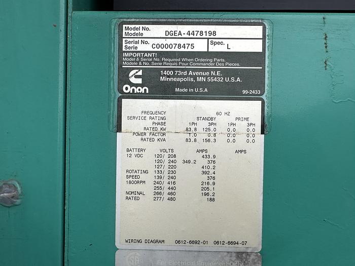 Used Used Cummins DGEA Diesel Generator, 240 Hrs, 125 KW
