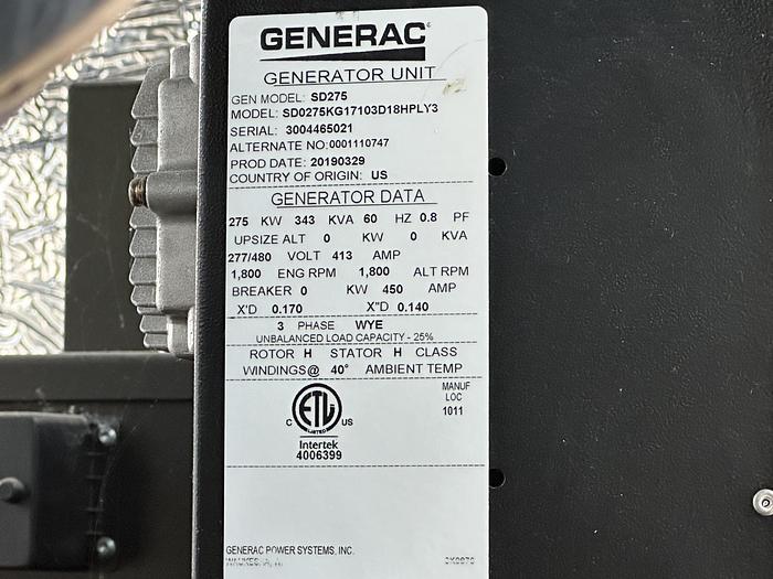 Used Used Generac SD0275 Iveco/FPT 10.3L Diesel Generator, 136 Hrs, EPA Tier 3, 275 KW