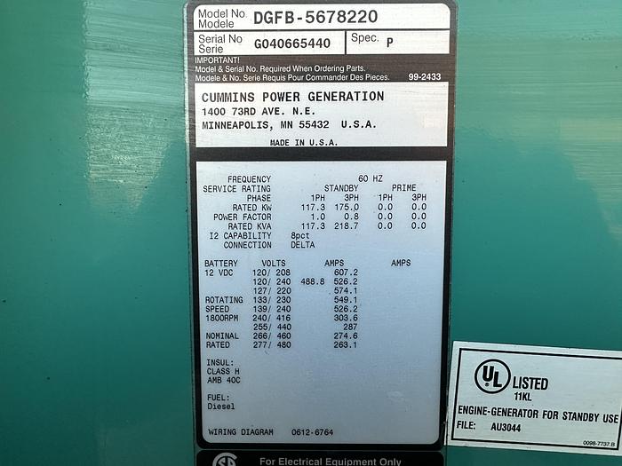 Used Used Cummins DGFB 6CTA8.3-G2 Diesel Generator, 370 Hrs, 175 KW