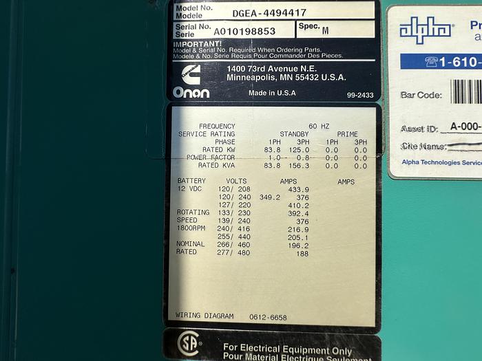 Used Used Cummins DGEA 6CT8.3-G2 Diesel Generator, 934 Hrs, 125 KW