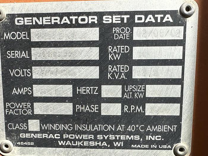 Used Used Generac SG0050 Natural Gas / Propane Generator, 352 Hrs, 50 KW