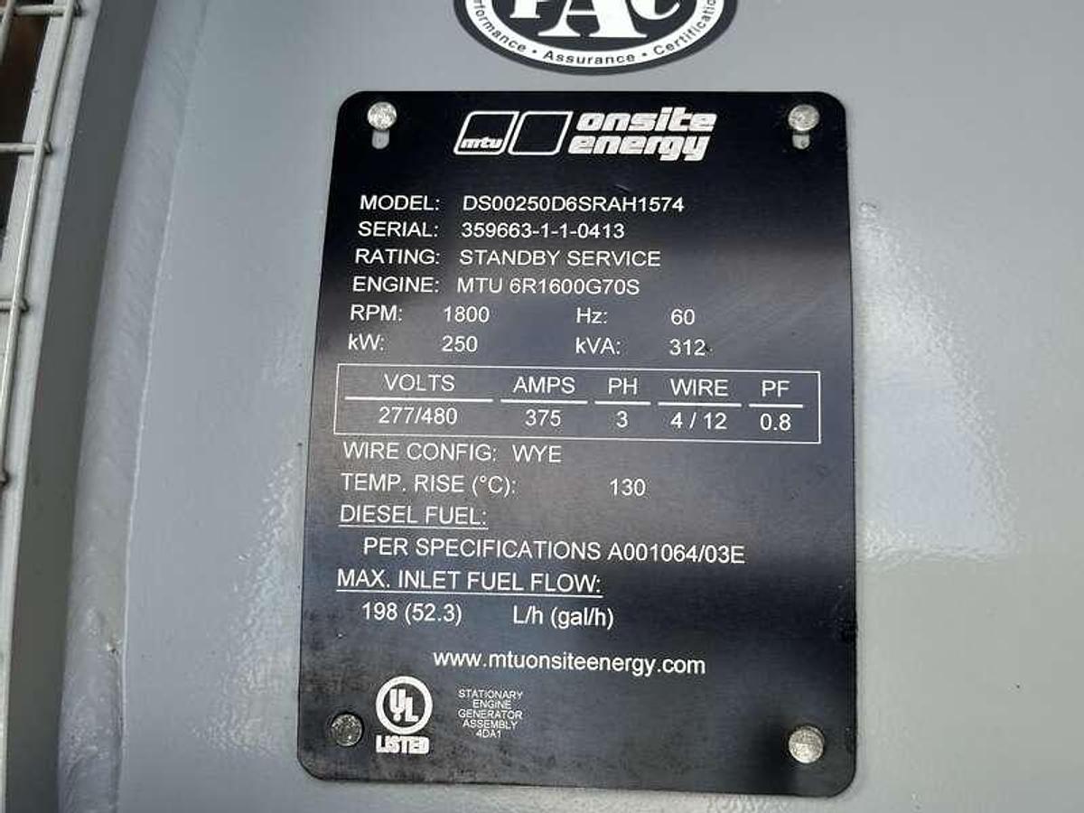Used Used MTU DS250 6R1600G70S Diesel Generator, 390 Hrs, EPA Tier 3 250 kW