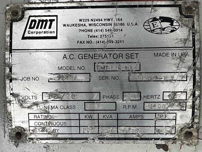 Used Used DMT 1000P Natural Gas Generator, 391 Hrs, Single Phase, 100 KW