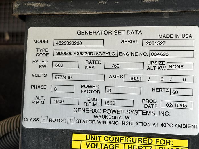 Used Used Generac SD0600 Diesel Generator, 461 hours, 600 KW