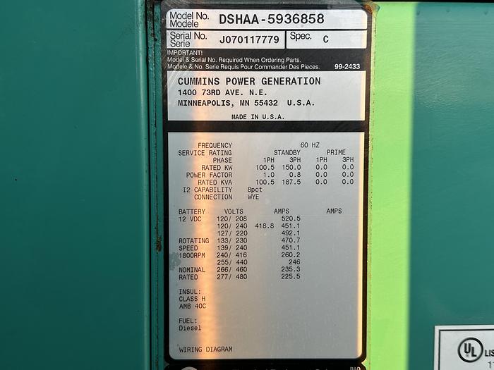 Used Used Cummins DSHAA QSL9-G2 Diesel Generator, 505 hrs., 150 KW