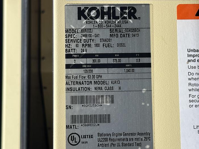 Used Used Kohler 300REOZJ John Deere 6090HFG86 Diesel Generator, 354 Hrs, EPA Tier 3, 300 KW