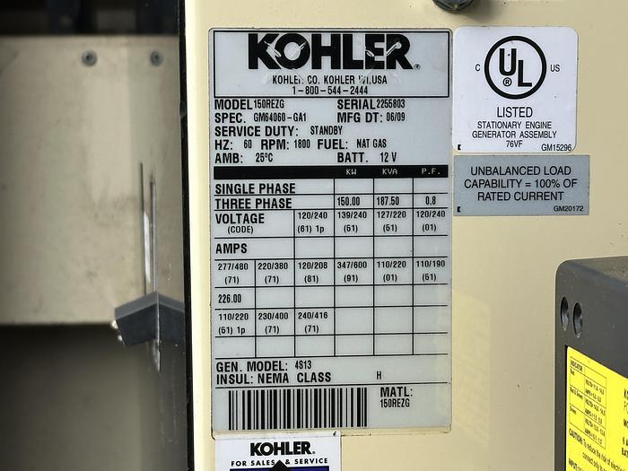 Used Used Kohler 150REZG Natural Gas / Propane Generator, 131 Hrs, 150 KW