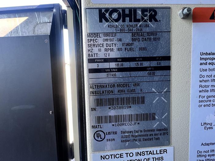 Used Used Kohler 100REOZJF Diesel Generator, 309 Hrs, EPA Tier 3, 100 KW