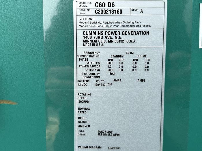 New Cummins C60D6 Diesel Generator, EPA Tier 3 - Single Phase, 60 KW