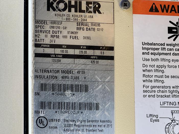 Used Used Kohler 180REOZJF Diesel Generator, 355 Hrs, EPA Tier 3, 180 KW