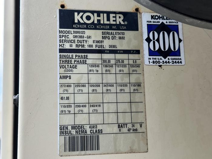 Used Used Kohler 300REOZD Detroit Diesel Series 60 14L Diesel Generator, 591 Hrs., 300 KW
