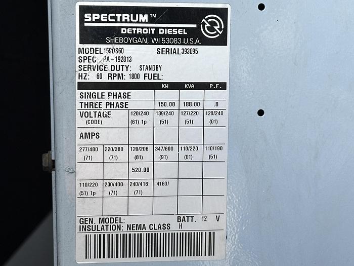 Used Used Detroit Diesel 150DS60 Series 40 7.6L Diesel Generator, 667 Hrs, 150 KW