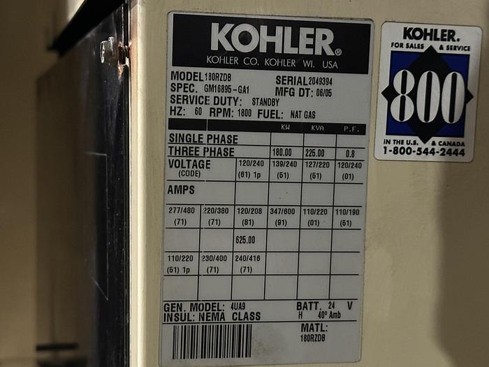 Used Used Kohler 180RZDB Natural Gas Generator, 1098 Hrs, 180 KW