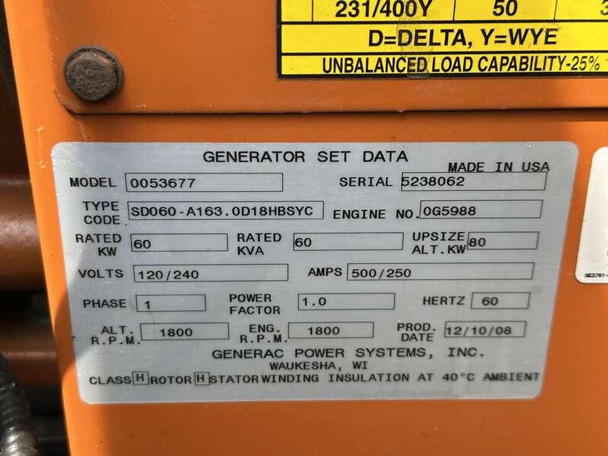 Used Used Generac SD060 Diesel Generator, 1552 Hrs Single Phase 60 kW