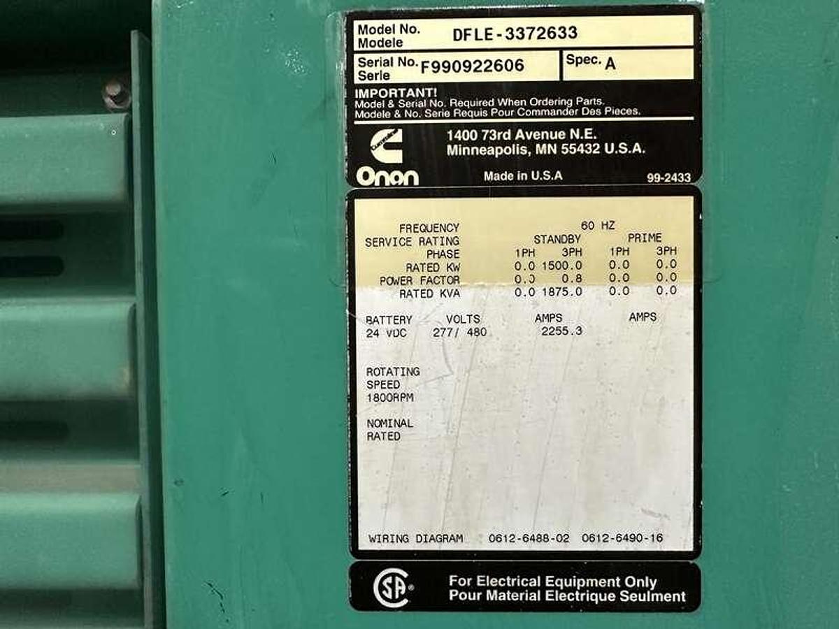 Used Used Cummins DFLE KTA50-G9 Diesel Generator, 229 Hrs 1500 kW