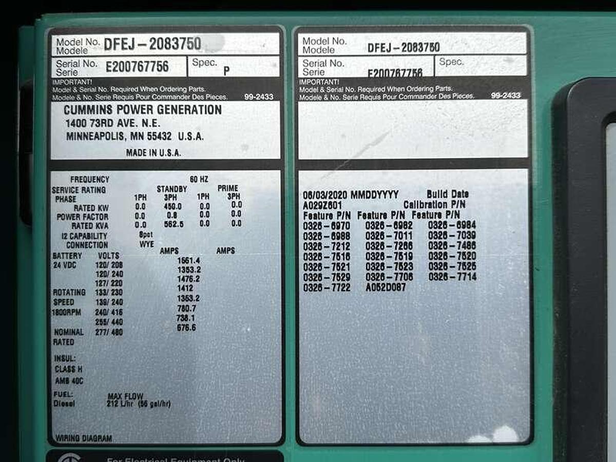 Used Used Cummins DFEJ QSX15-G9 NR2 Diesel Generator 91 Hrs EPA Tier 2 450 kW