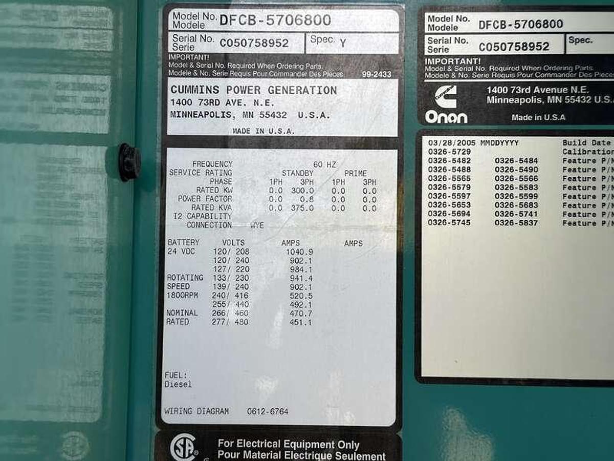 Used Used Cummins DFCB Diesel Generator, 377 Hrs All right 300 kW