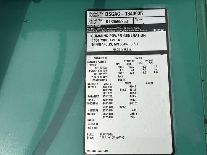 Used Cummins 150 kW standby (135 kW prime) diesel generator set model DSGAC,