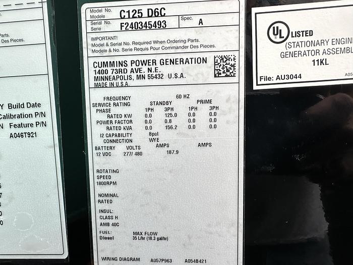 New Cummins C125D6C QSB5-G6 NR3 Diesel Generator, 0 Hrs, EPA Tier 3, 125 KW