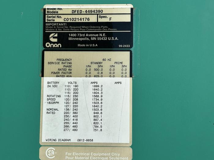 Used Used Cummins DFED KTA19-G4 Diesel Generator, 907 Hrs, 500 KW