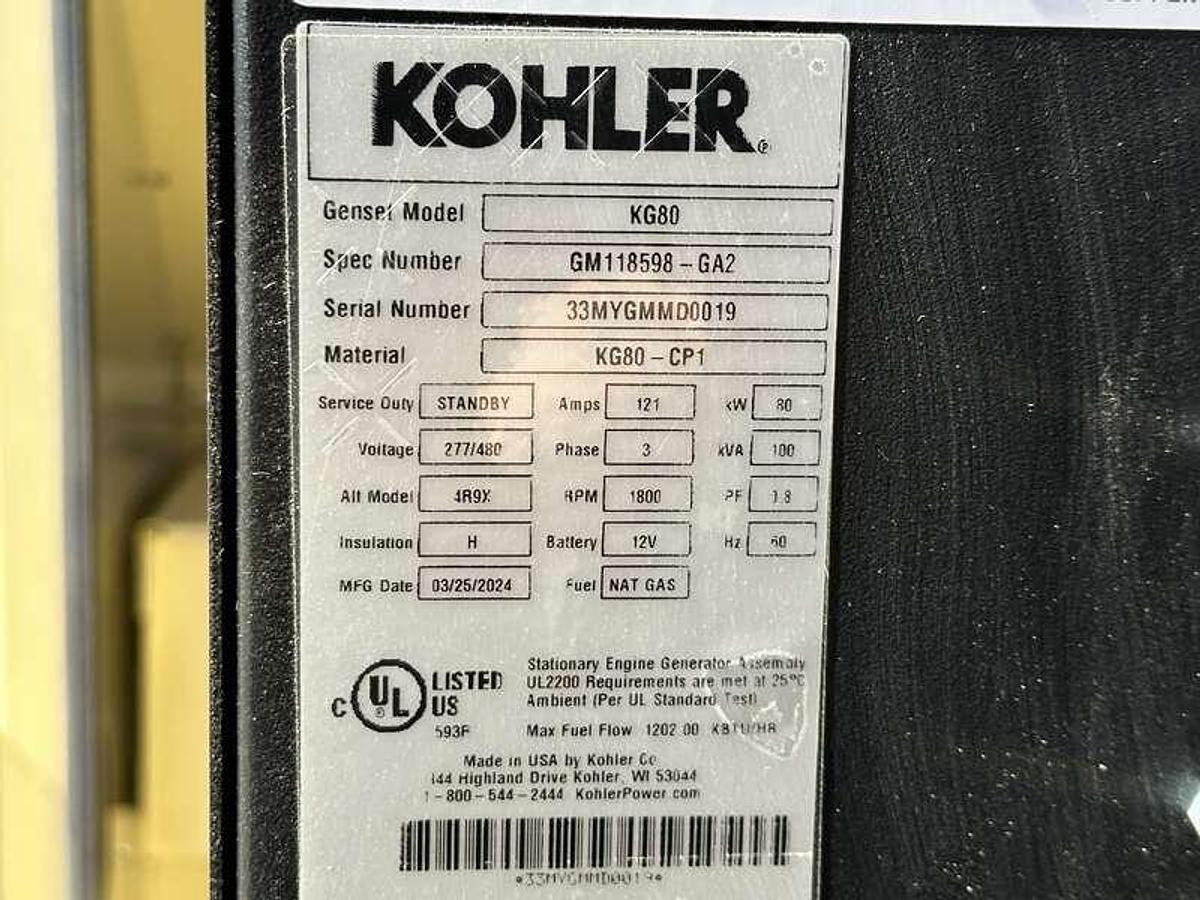 Used Used Kohler KG80 Natural Gas / Propane Generator, 83 Hrs, EPA Certified