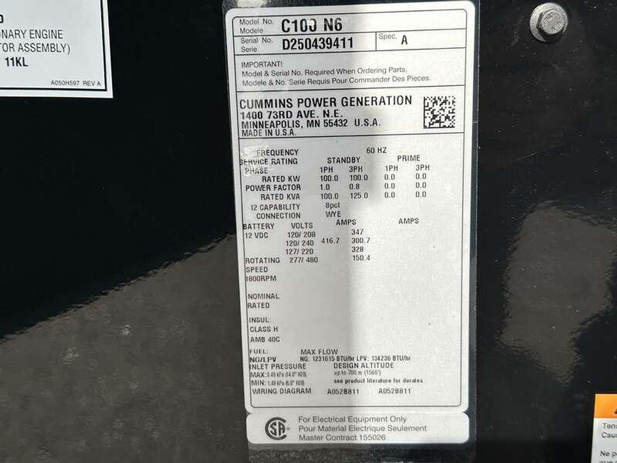 New Cummins C100N6 QSJ8.9G Natural Gas / Propane Generator, EPA Certified 1 or 3 Phase 100 kW