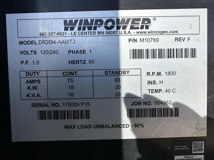 Used Used Winpower DR20 Isuzu BV-4LE1 Rental Grade Diesel Generator 5889 Hrs EPA Tier 3, 20 KW