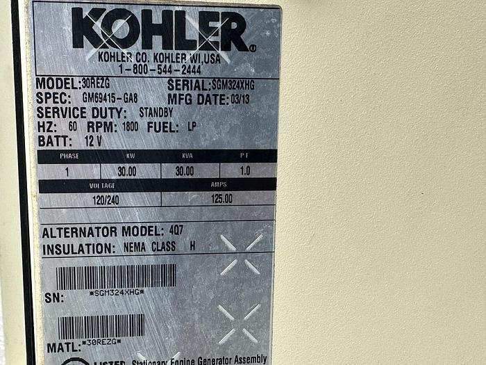 Used Used Kohler 30REZG Natural Gas / Propane Generator  11,099 Hrs EPA Certified, Single Phase, 30 KW