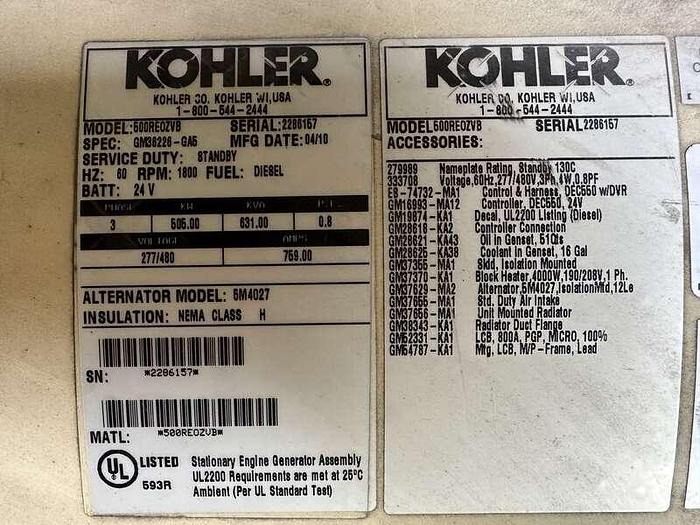 Used Kohler 505 kW standby (450 kW prime) diesel generator set, model 500REOZVB
