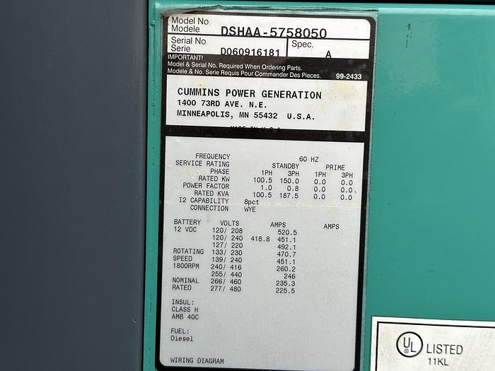 Used Used Cummins DSHAA QSL9-G2 Diesel Generator, 610 hrs., 150 KW