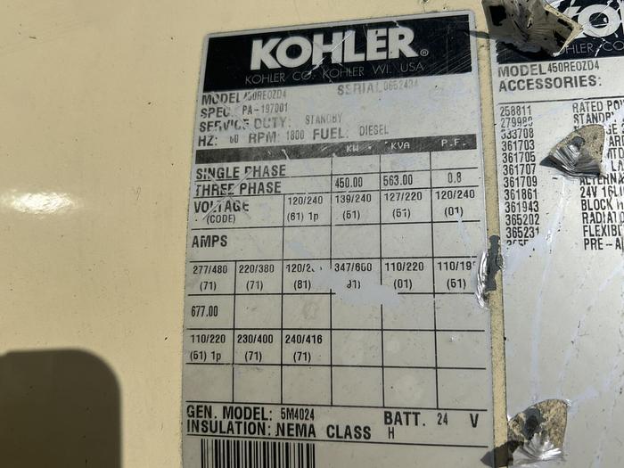 Used Used Kohler 450REOZD4 MTU 8V2000 Diesel Generator, 470 Hrs, 450 KW