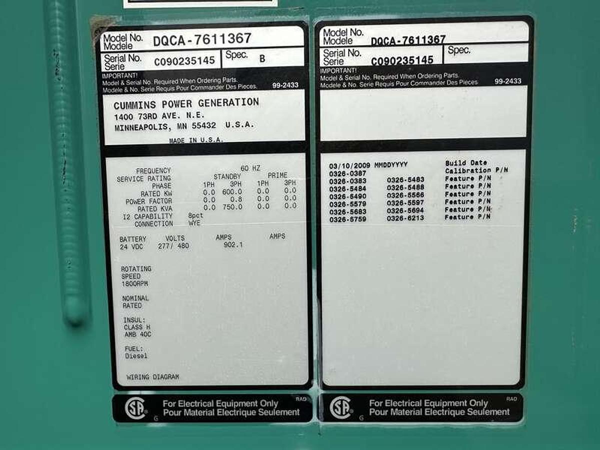 Used Used Cummins DQCA QSK23-G7 Diesel Generator, 685 Hrs, EPA Tier 2 600 kW