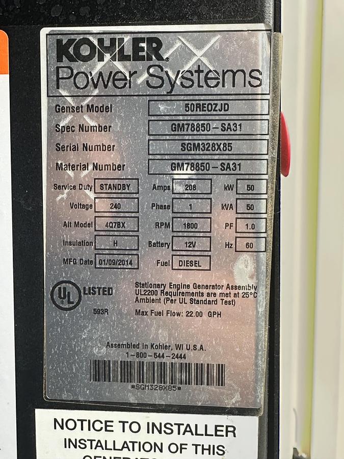 Used Used 2014 Kohler Diesel Standby Generator