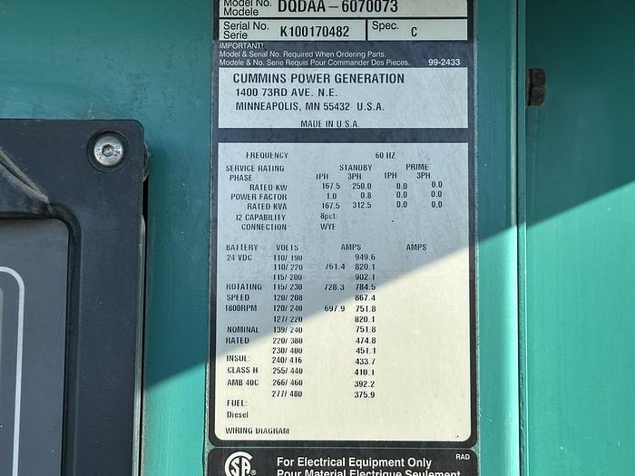 Used Used Cummins DQDAA Diesel Generator, 259 Hrs, EPA Tier 3, 250 KW