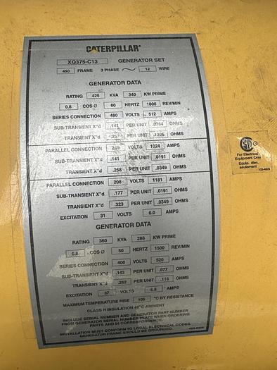 Used Used Caterpillar XQ425 Rental Grade Diesel Generator, 1703 Hrs, EPA Tier 4F, 375 KW