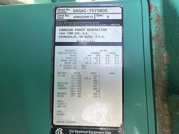 Used Used Cummins DSGAC QSB7-G5 Diesel Generator, 469 Hrs, EPA Tier 3, 150 KW