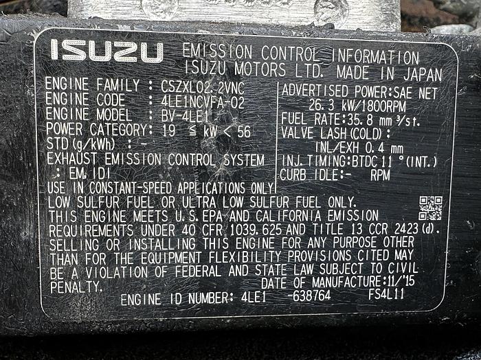 Used Used Winpower DR20 Isuzu BV-4LE1 Rental Grade Diesel Generator 6402 Hrs EPA Tier 3, 20 KW